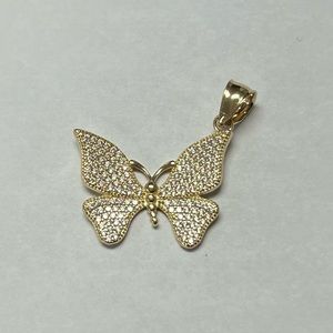 Real 14K Gold White CZ Butterfly Pendant